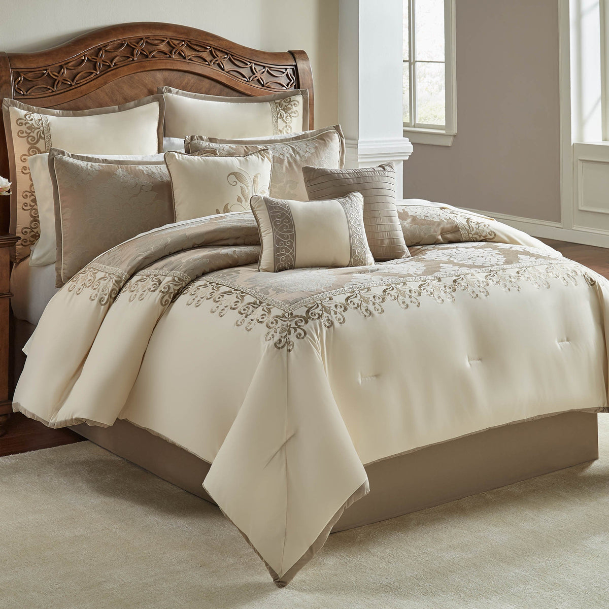 Ivory Damask Jacquard Comforter Ensemble with Embroidered Border - 9-Piece Set