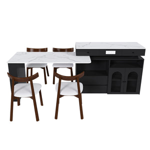 Retro Kitchen Island Set With Chairs, Extendable & Rotating Table, 4 Drawers & Door Cabinets