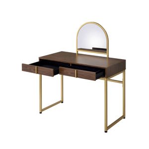 Walnut & Gold Finish Vanity Desk with Mirror & Jewelry Tray – Coleen
