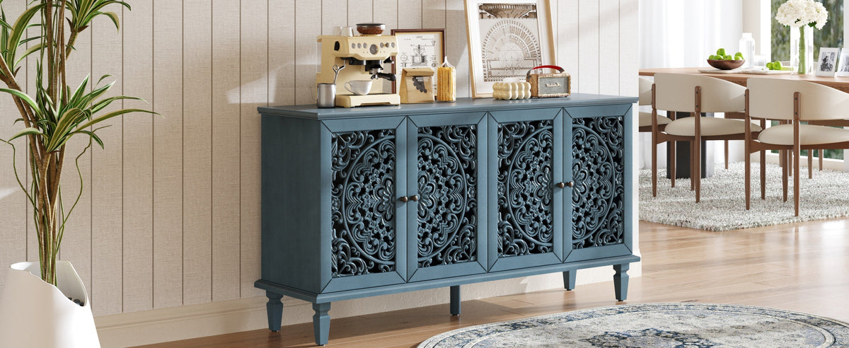 60" Antique Buffet Cabinet with Floral Carvings and Adjustable Shelves