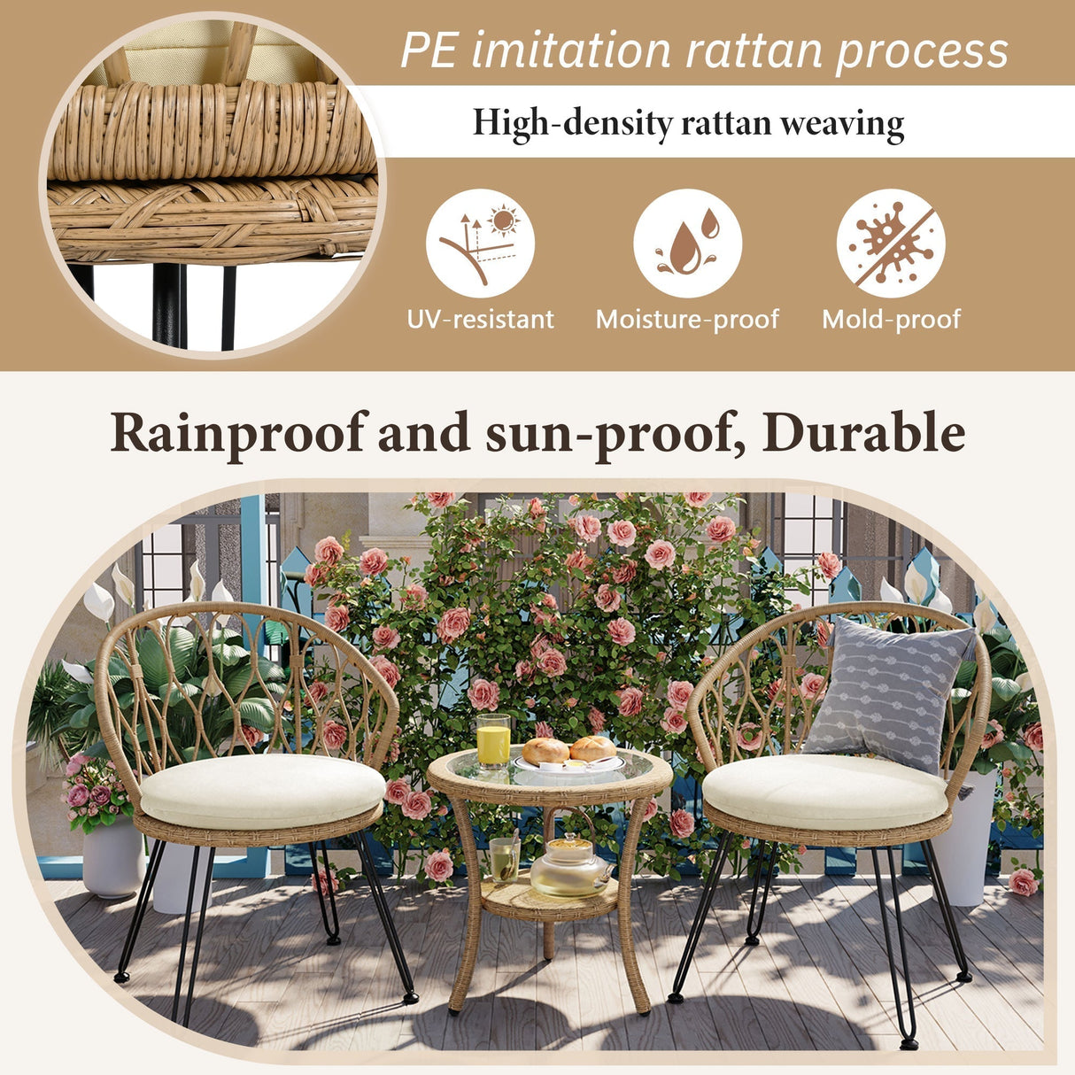 U_STYLE Outdoor Leisure Set, 2 Rattan Single Chairs with Glass Round Table