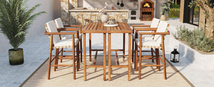 6 Piece Outdoor Bar Set with Acacia Wood Table & Cushioned Stools