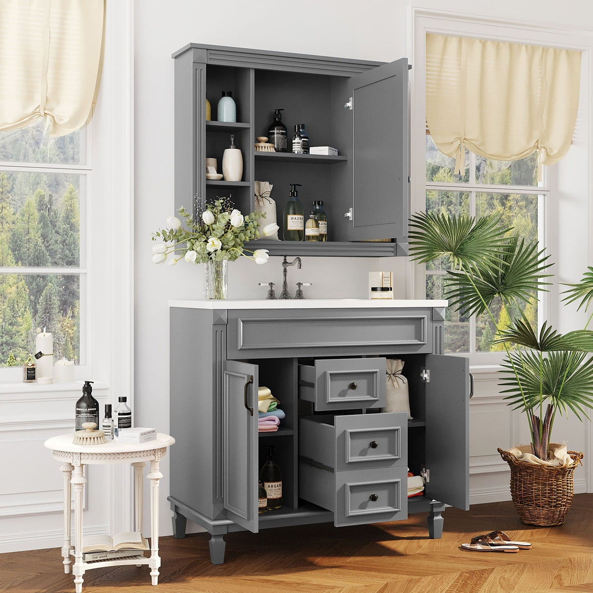 Bathroom Vanity with Top Sink, Mirror Cabinet, 2 Soft Closing Doors & 2 Drawers
