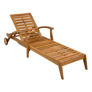 Versatile Chaise Lounge With Wheels Acacia Wood Recliner For Patio - Cream