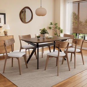 7-Pieces Upholstered Dining Set With Rubberwood Frame, Light Beige + Walnut + Black