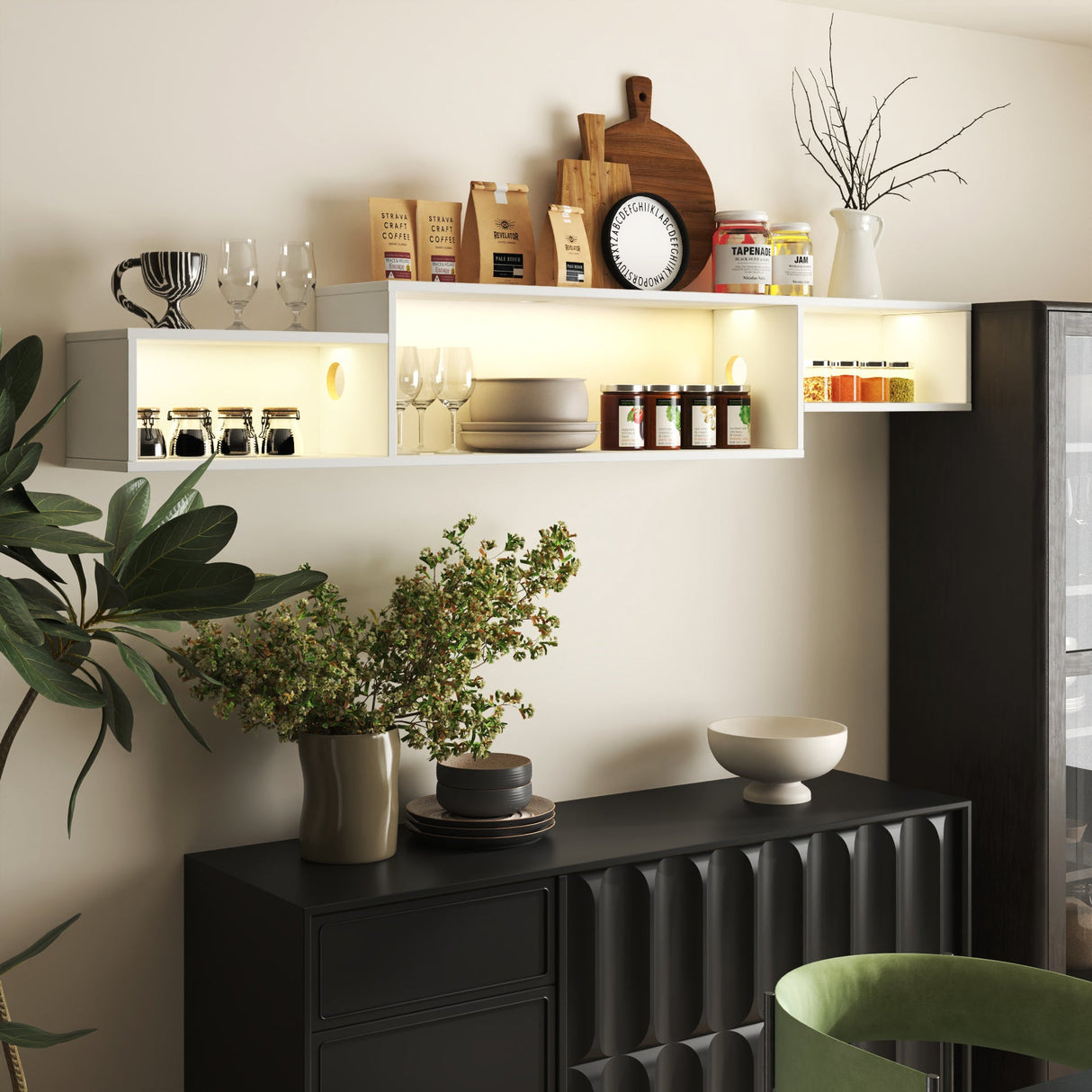 65.35in Wall Mounted Floating TV Stand with 20 Color LEDs and Charging Station