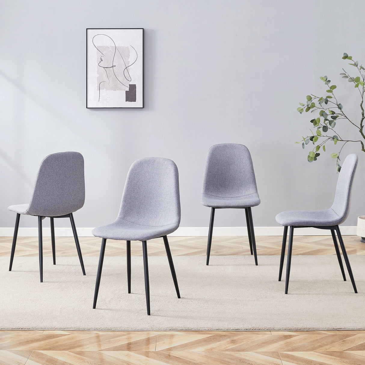 Luxury Simple Chair Linen Cotton High Resilience Dining Chair With Black Metal Legs (Set of 4) - Light Gray