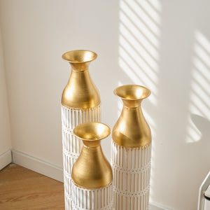 Floor Metal Vases Set of 3 - White with Gold Accents