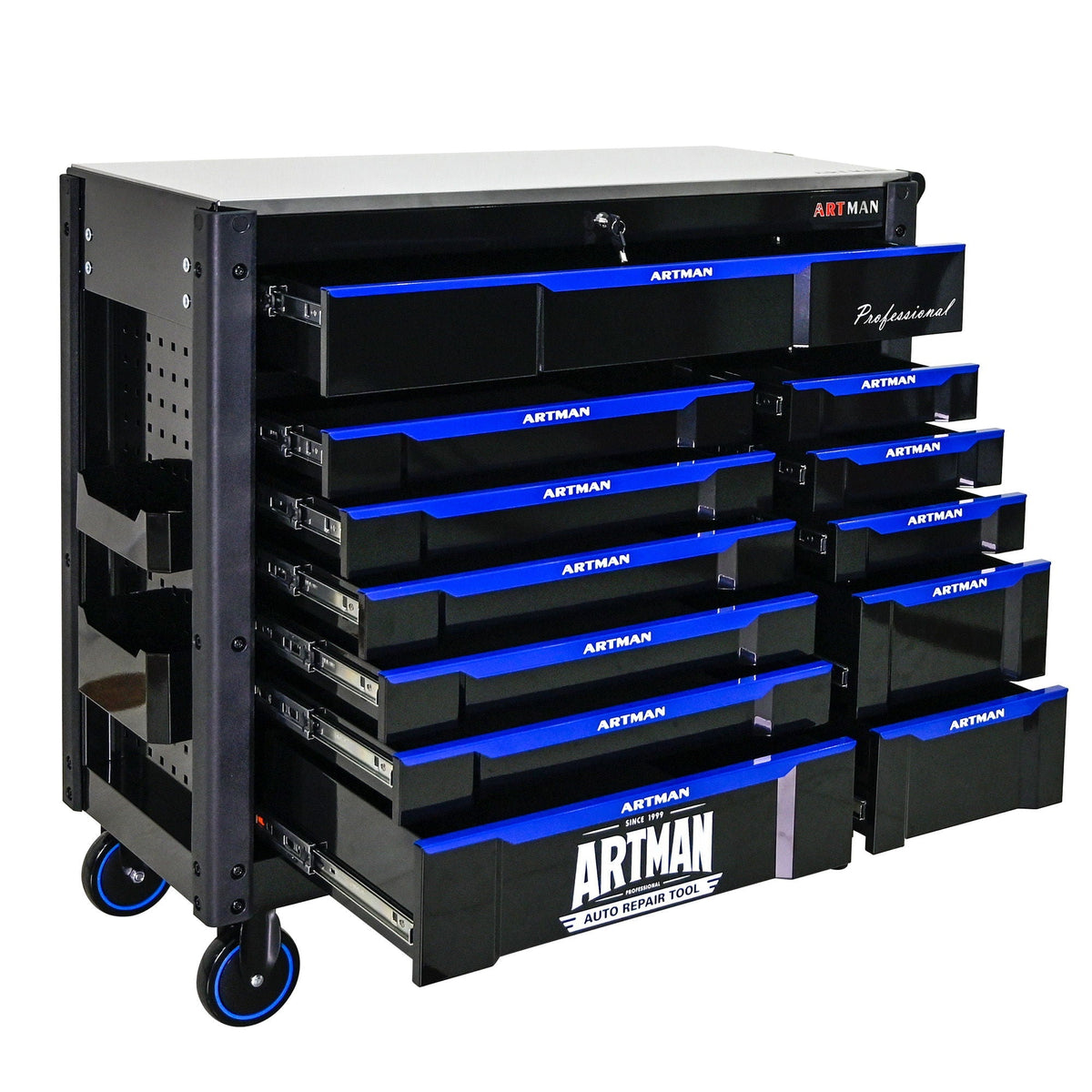 12 Layer Drawer Multi Purpose Tool Cart With Wheels And Iron Top - Black / Blue