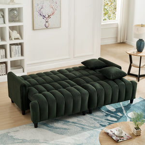 83'' Futon Sofa Bed with Polyester Fabric and 2 Pillows - Dark Green