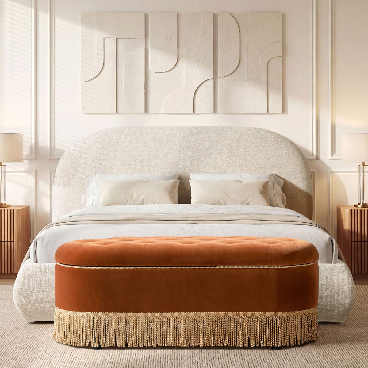 Archie Puffy Grounded Upholstered Platform Bed with Rounded Headboard - Green, White, Beige