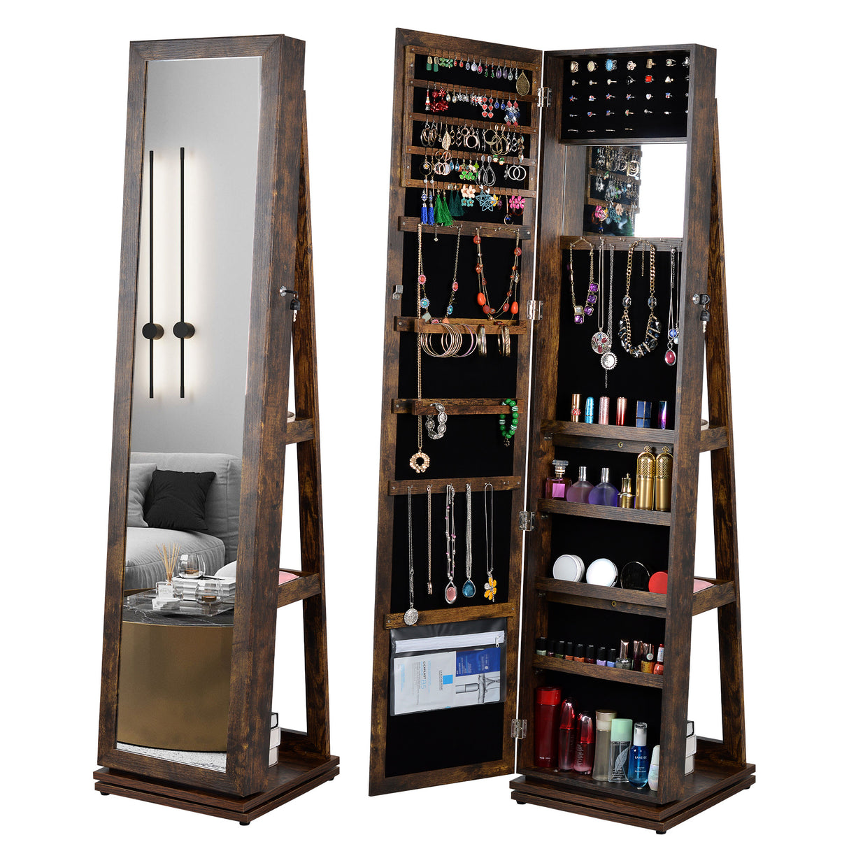 Full length mirror 360° swivel jewelry cabinet