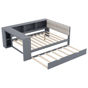 Upholstered Headboard Platform Bed with Storage Shelves, Trundle, and Charging Station