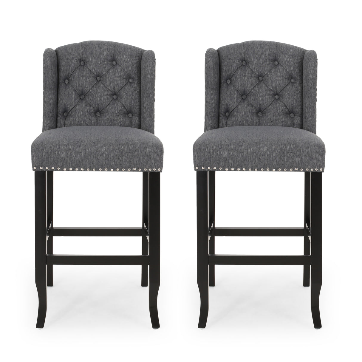 Fabric Tufted Counter Stool with Nailhead Accents, Set of 2, Charcoal