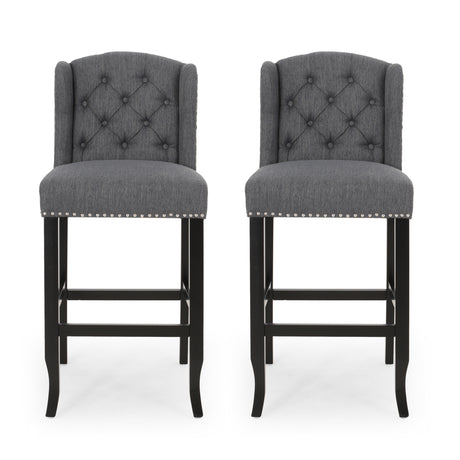 Fabric Tufted Counter Stool with Nailhead Accents, Set of 2, Charcoal
