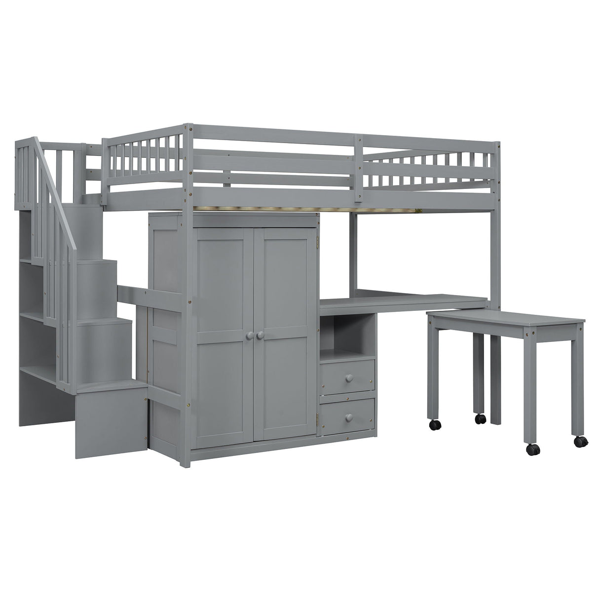 Loft Bed With Stairs, Bookshelf, Drawers, Desk & Wardrobe, Space Saving Multifunctional Furniture
