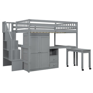 Loft Bed With Stairs, Bookshelf, Drawers, Desk & Wardrobe, Space Saving Multifunctional Furniture