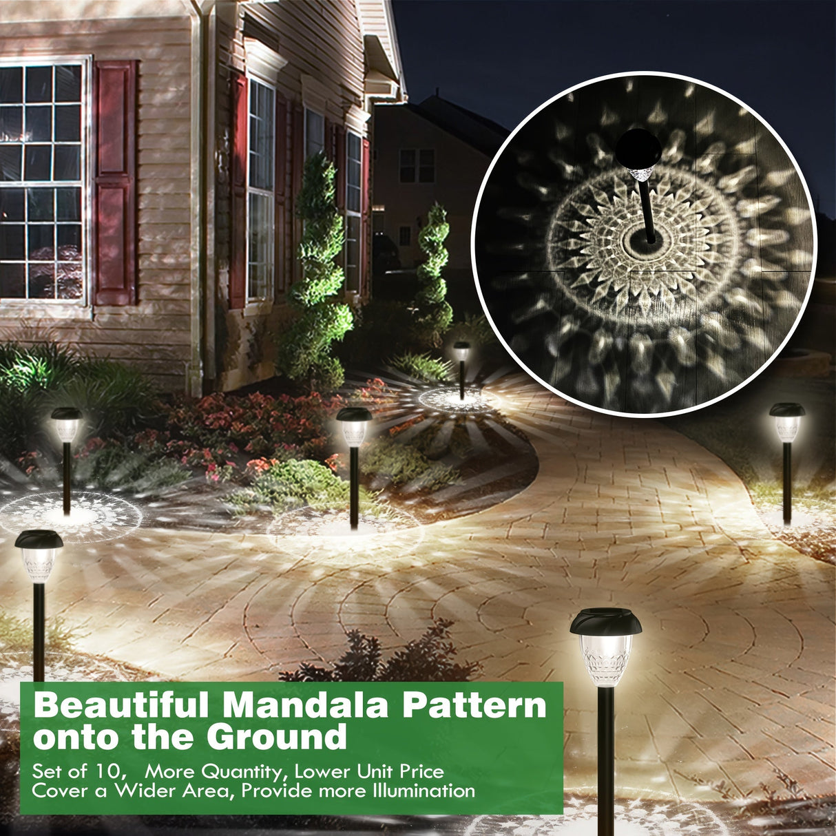 10-Pack Solar Pathway Lights – Bright White LED, Auto On/Off, Mandala Pattern Moktan Sabai