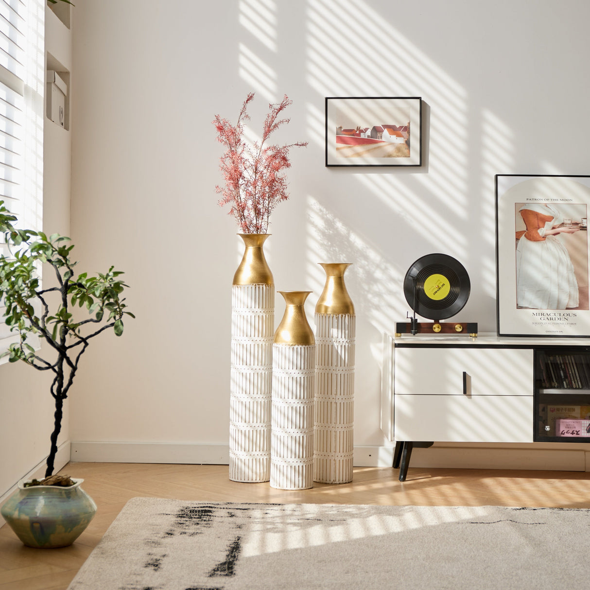 Floor Metal Vases Set of 3 - White with Gold Accents