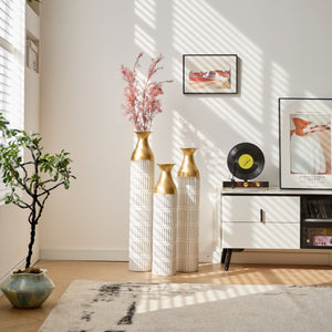 Floor Metal Vases Set of 3 - White with Gold Accents