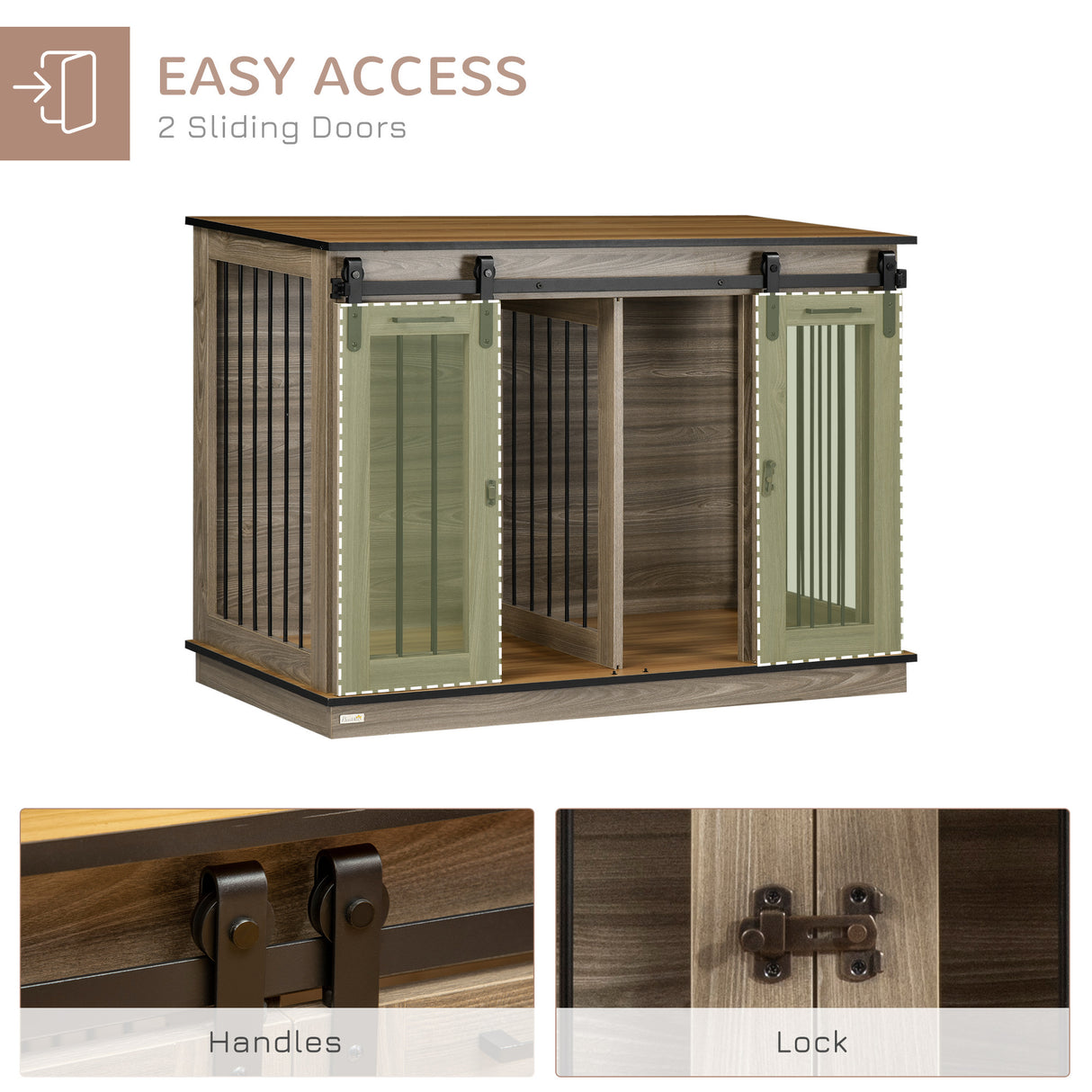 Dog Crate End Table for Small to Large Dogs, with Double Doors  and divider, 47"W x 23.5"D x 35"H, Oak