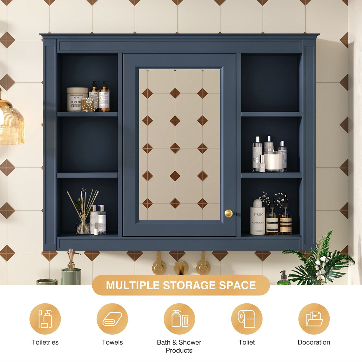 Wall Mounted Medicine Cabinet With Mirror, Storage Cabinet Featuring 6 Open Shelves And Adjustable Interior