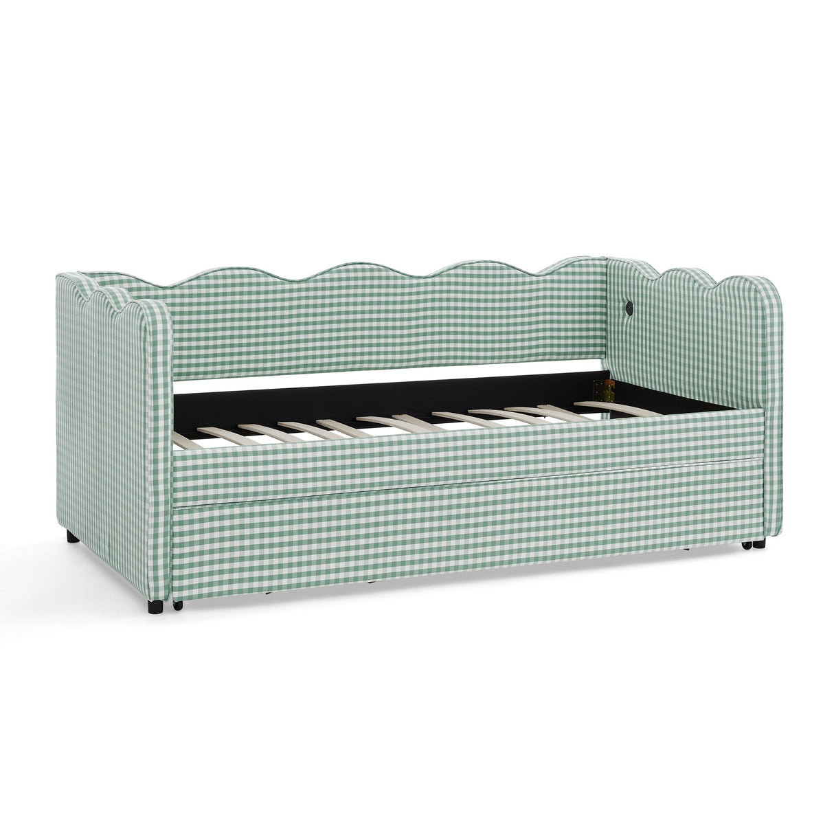 Cozy Gingham Daybed with Trundle Twin Size Sofa Bed No Box Spring Needed, with USB Port and Adorable Wave Shaped, Linen Fabric