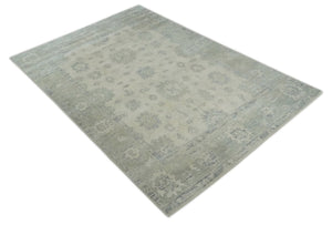 Earthy 8x10 Beige and Light Green Hand knotted Traditional Oushak wool Area Rug
