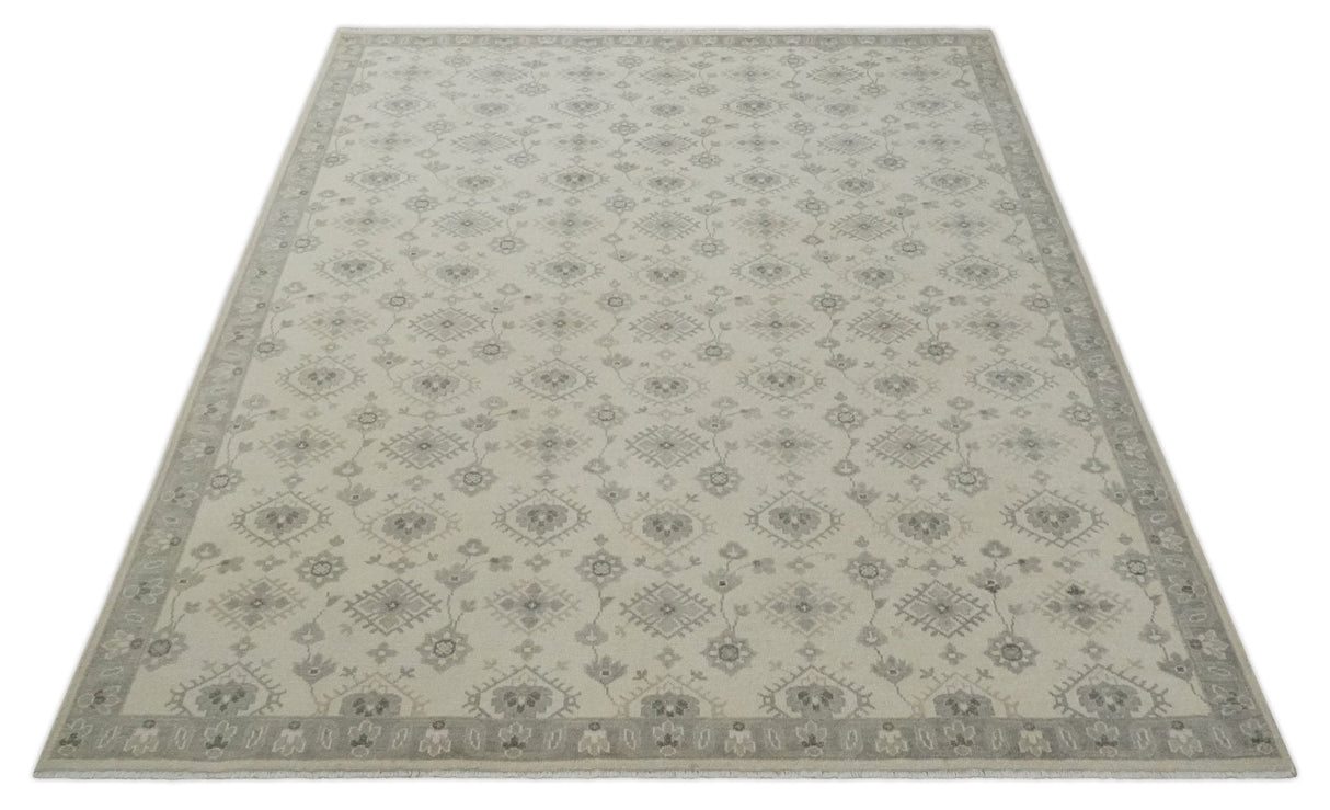 Earthy Contemporary 8x10 Traditional Ivory and Gray Antique Style Hand knotted Wool Area Rug
