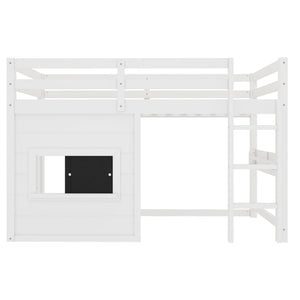 Twin Size Loft Bed With Sliding Chalkboard & Bookshelf