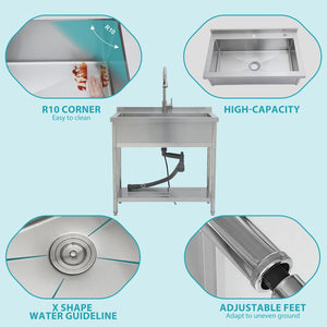 Stainless Steel Freestanding Utility Sink With Pull Out Faucet, Large Single Bowl - Brushed Nickel
