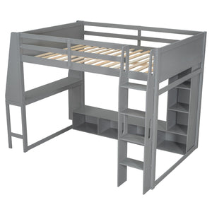 Gaming Loft Bed With Desk, Multi Storage Shelves, LED Lighting, And Hanging Clothes Rack