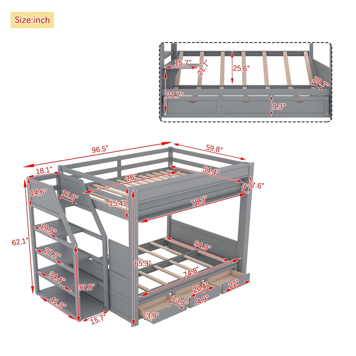 Full Size Convertible Wood Bunk Bed with Storage Staircase - Gray