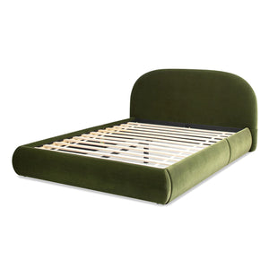 Archie Puffy Grounded Upholstered Platform Bed with Rounded Headboard - Green, White, Beige