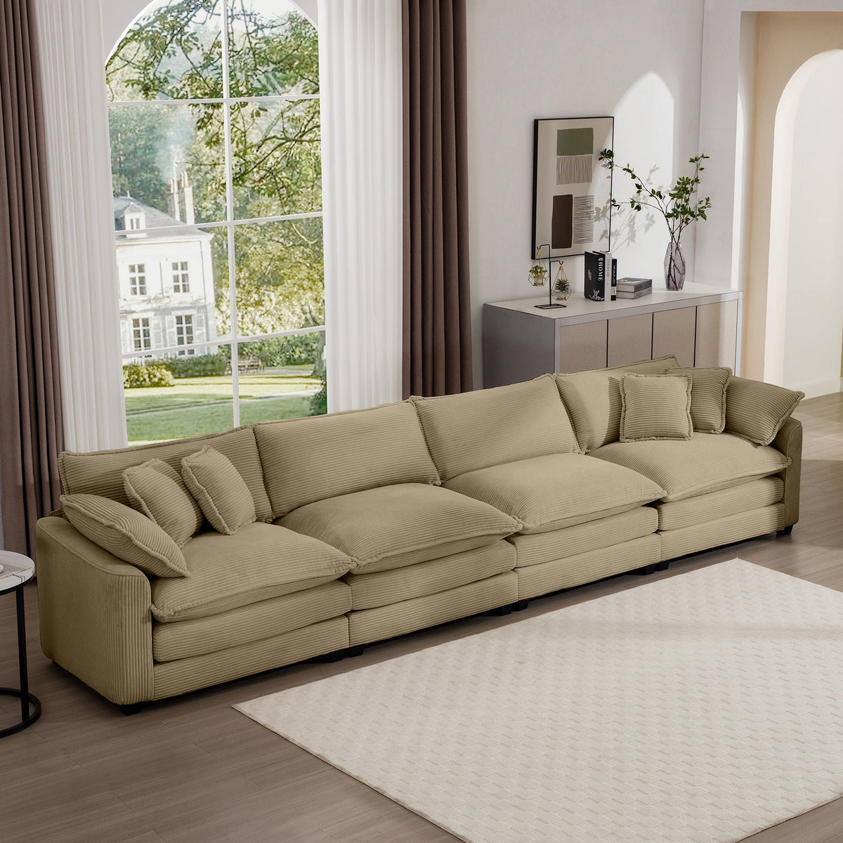 Modern Upholstered 4 Seater Fabric Sofa with Arm and Throw Pillows - Multiple Colors