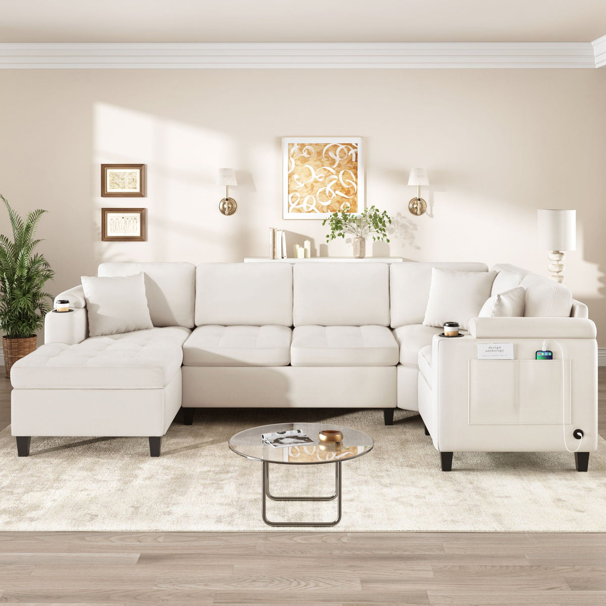 U Shaped Sectional Sofa, Corner Living Room Couch With Built In Cup Holders, Storage, USB Ports