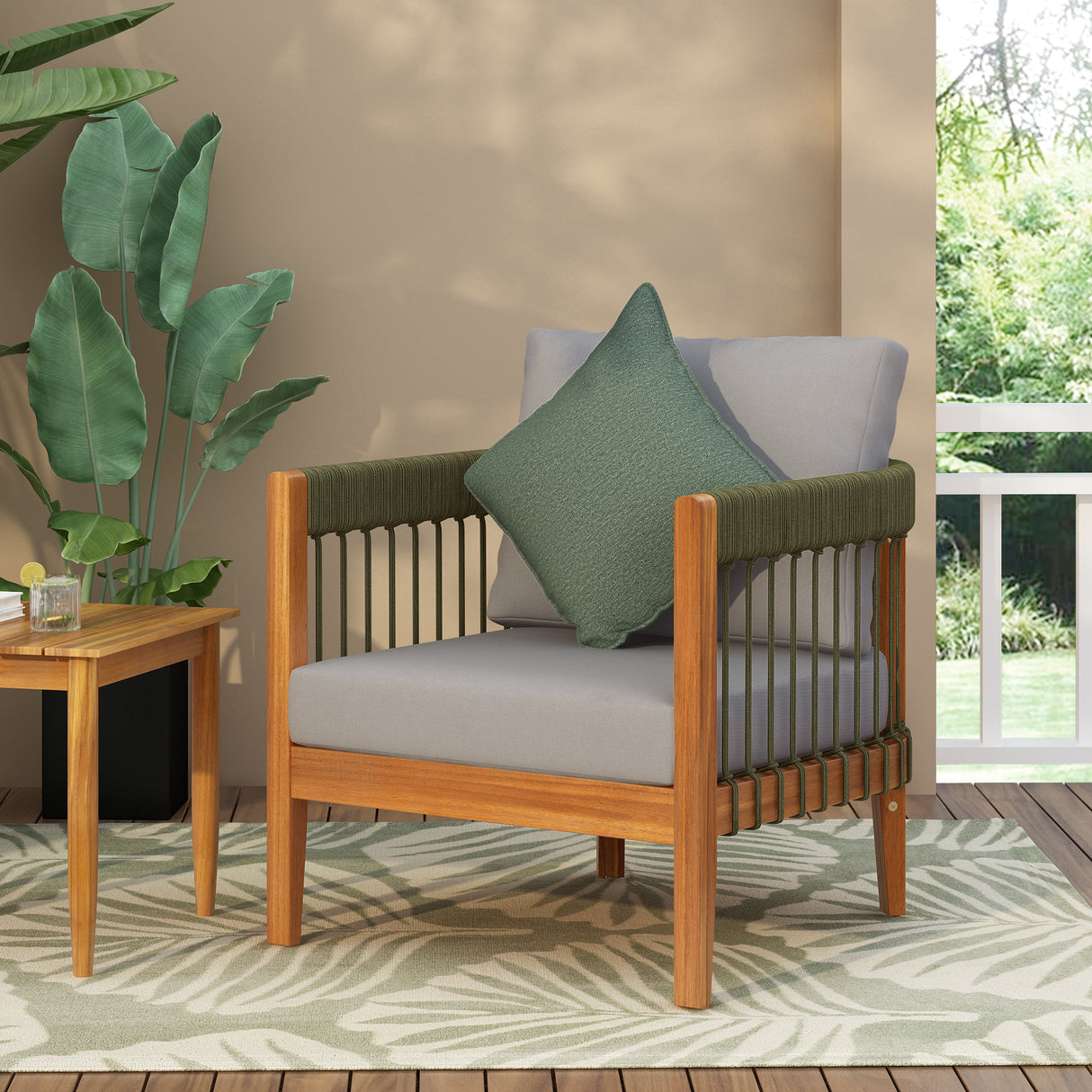 Acacia Wood Outdoor Club Chair with Handwoven Rope Accents