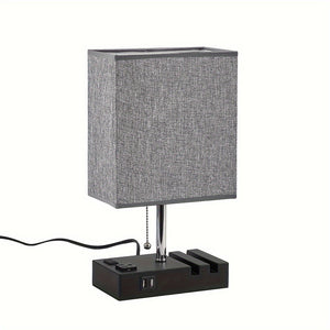 USB Table Lamp with AC Outlet – 3 Color Bedside Lamp with Fabric Shade & Bulb
