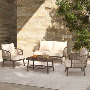 4 Piece Outdoor Patio Furniture Set, Metal Chairs With Woven Rope U Shaped Backrest