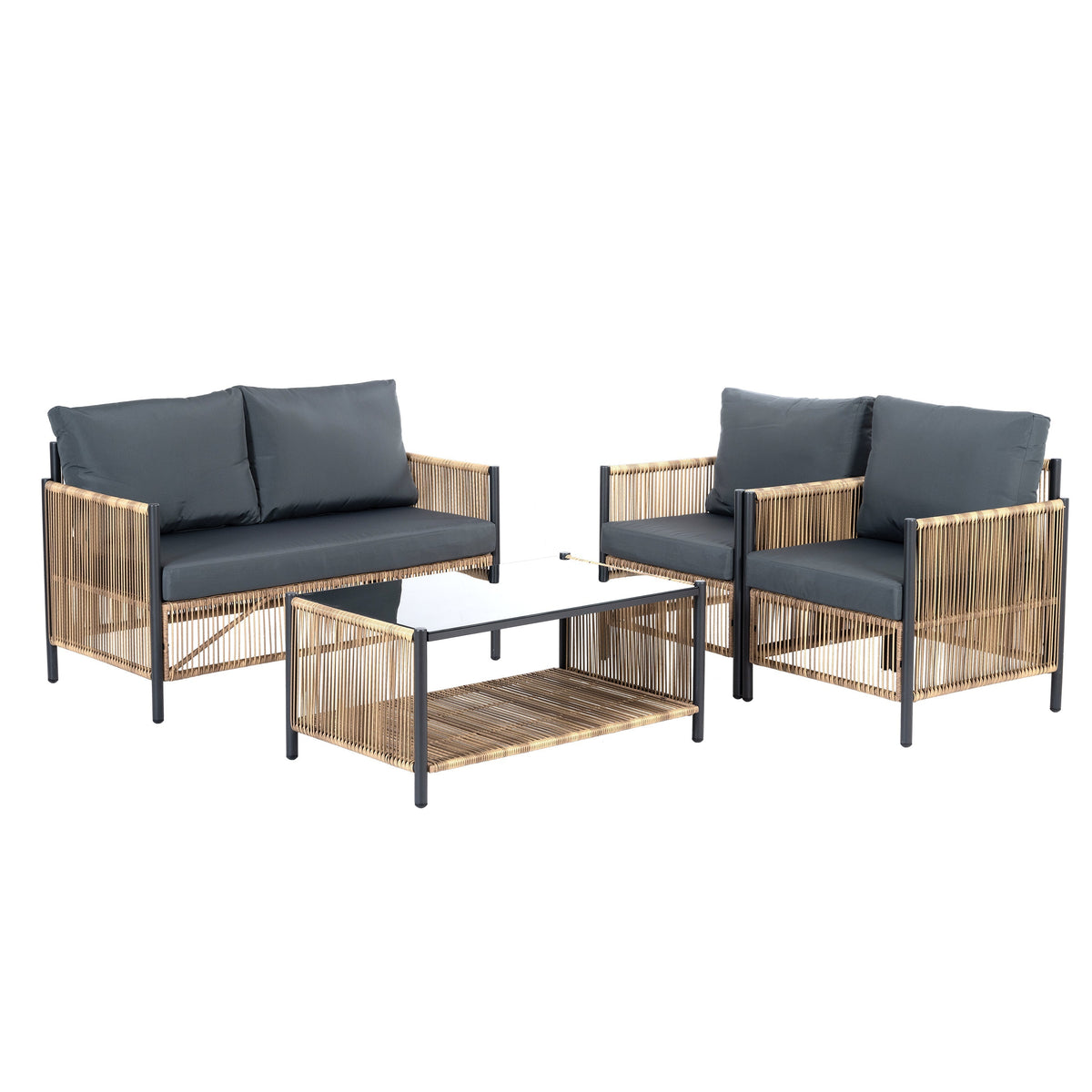 Patio 4-Piece Wicker Sofa Set with Grey Cushions - Brown