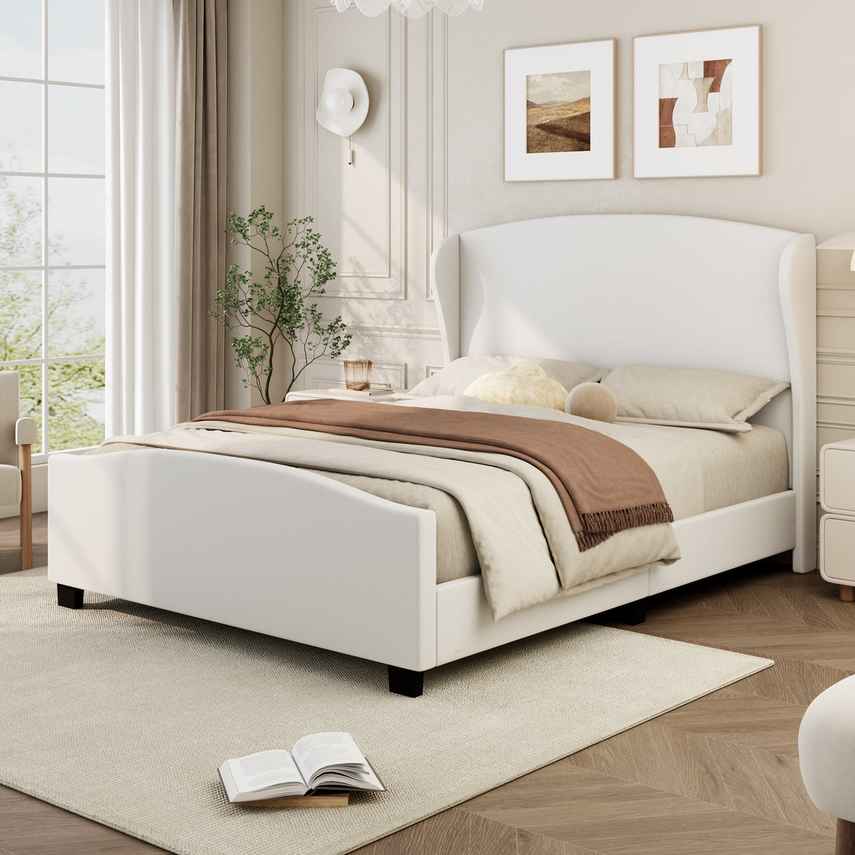 Full Size 51' High Headboard Wingback Linen Upholstered Bed No Box Spring Needed, Beige