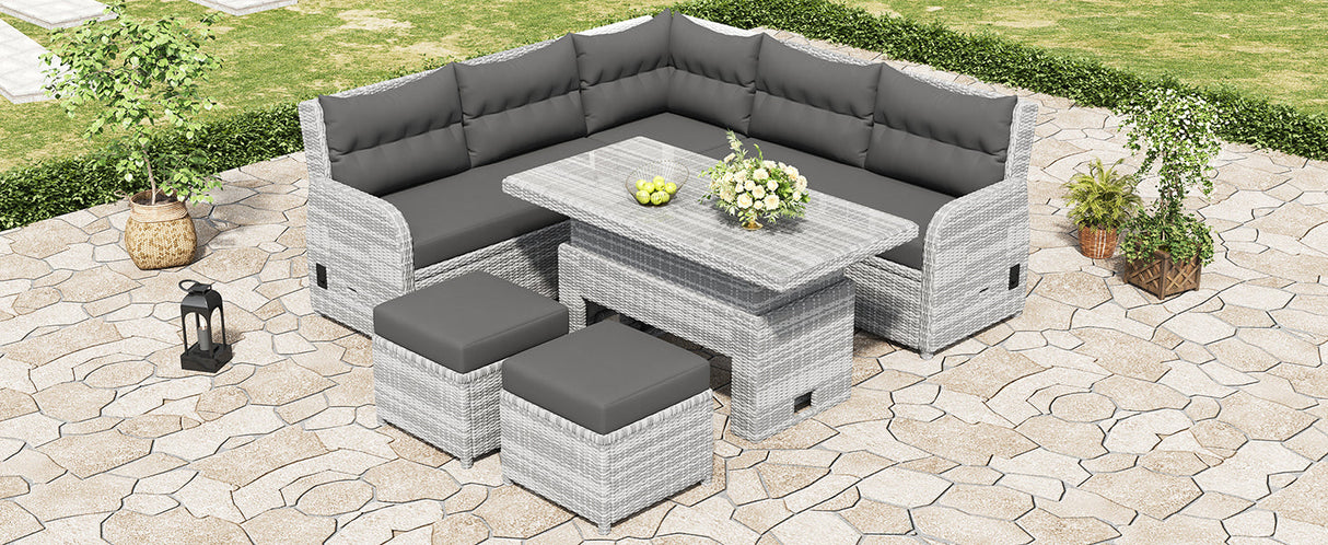 Outdoor Furniture Set Patio Rattan Furniture with Adjustable Table, Recliners, Side Tables, Ottomans