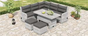 Outdoor Furniture Set Patio Rattan Furniture with Adjustable Table, Recliners, Side Tables, Ottomans