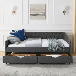 Upholstered Tufted Daybed With Drawers, Waved Arms