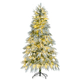 6FT Pre-Lit Spruce Snow Flocked Christmas Tree, Artificial Hinged Xmas Tree with 300 Multi-Color LED Lights