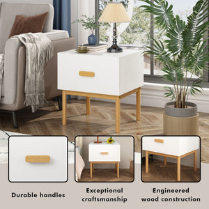 Nightstand With Drawer, Minimalist Bedside Table With Handle For Bedroom - White