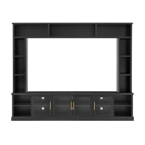 All-In-One Entertainment Center With Bookshelves & Tempered Glass Doors, TV Console Unit For Living Room