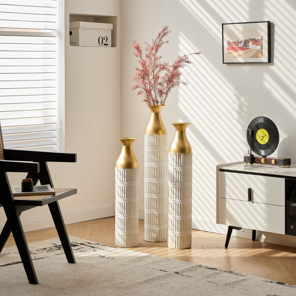 Floor Metal Vases Set of 3 - White with Gold Accents