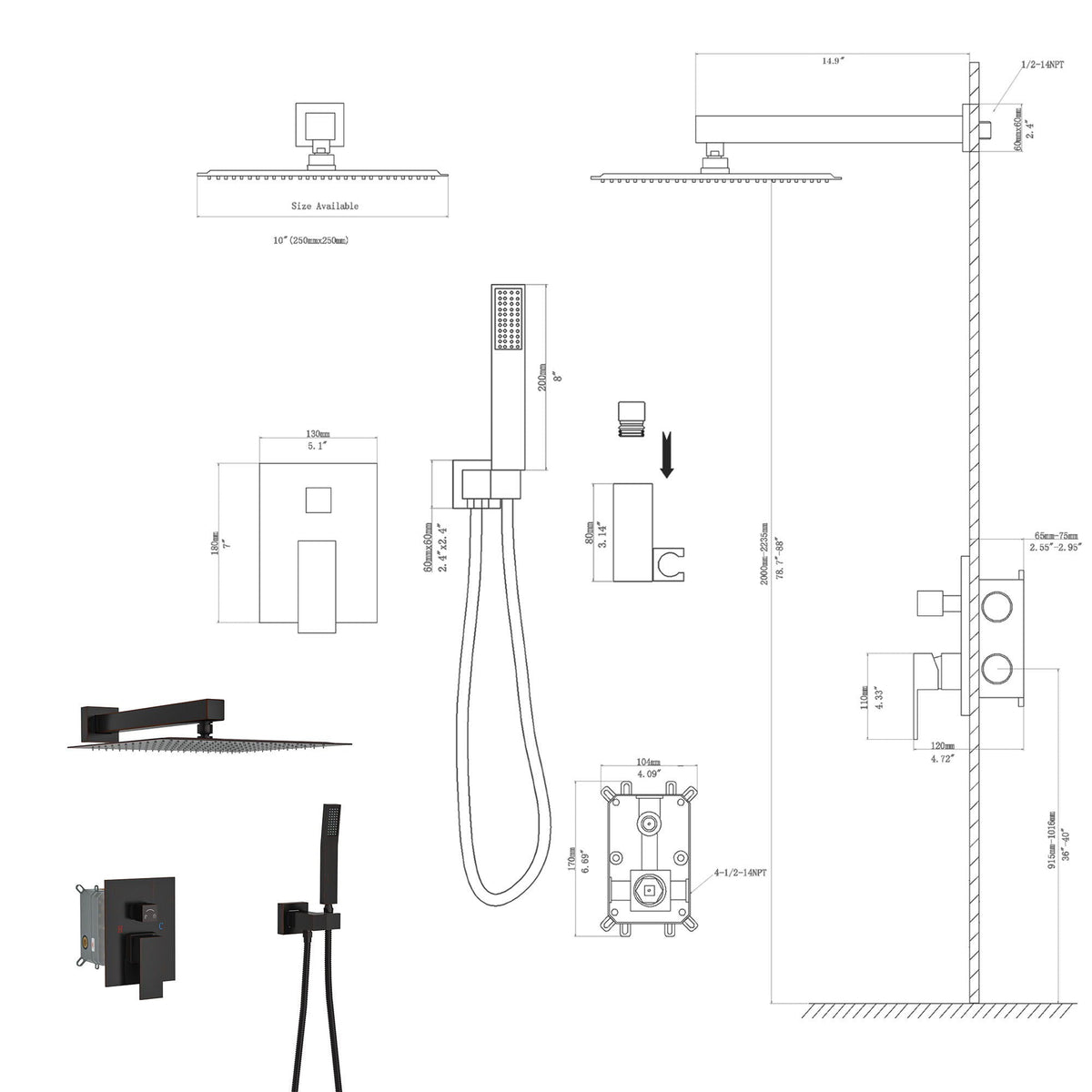 Dual Shower Head 10" Wall Mounted Shower System with Anti-Scald Valve - Black, Gold, or Gray