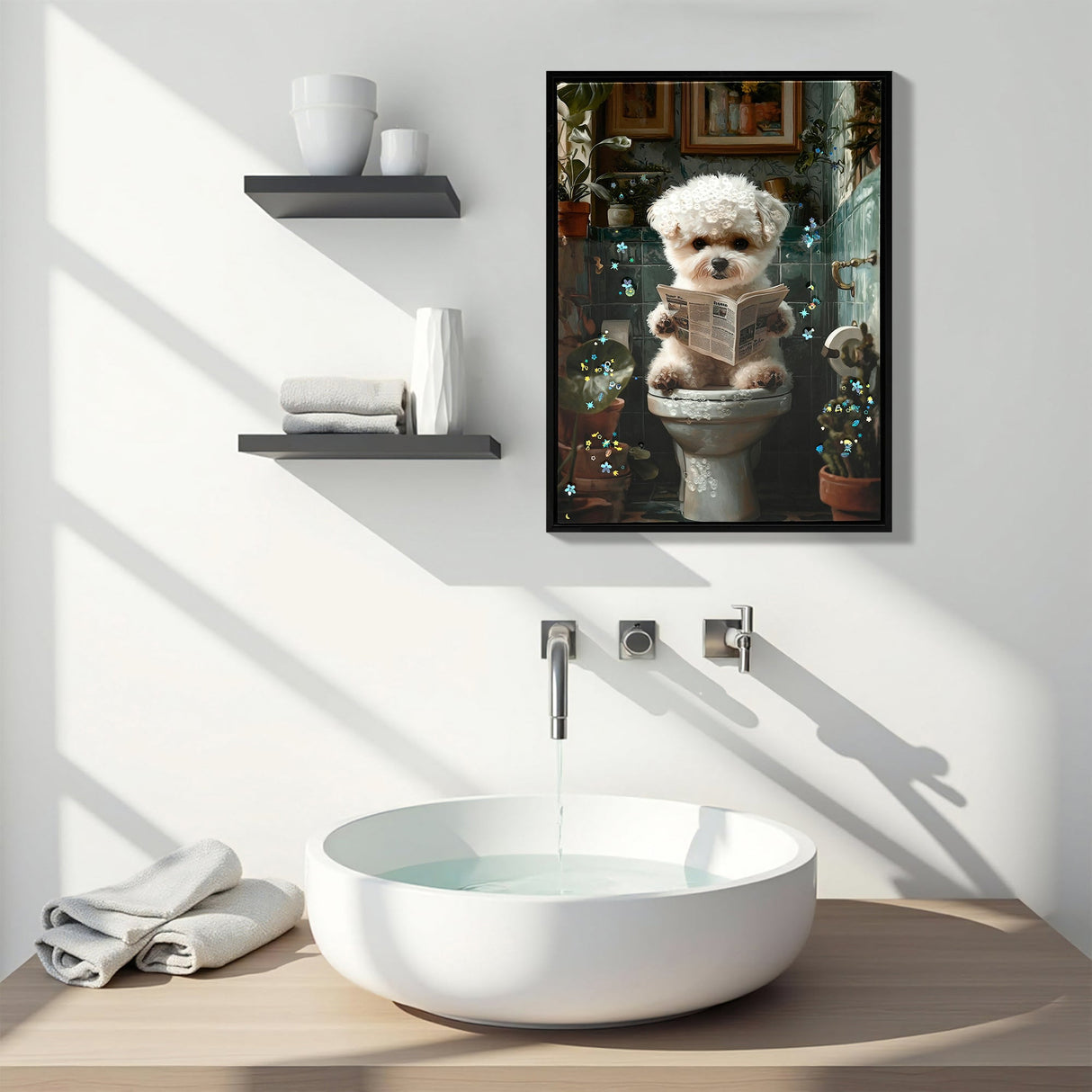 Framed Bathroom Decor, Cute Puppy Wall Art in Picture Frame, Funny Bathroom Wall Art Signs, 3D Canvas Print Ready to Hang (Framed,12''x16'')